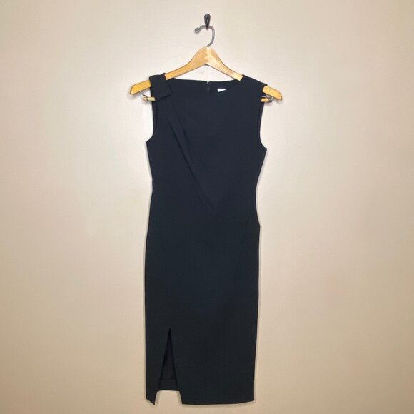 Sophisticated Black Calvin Klein Women’s Sleeveless Front Slit Knee Length Dress - Picture 2 of 13